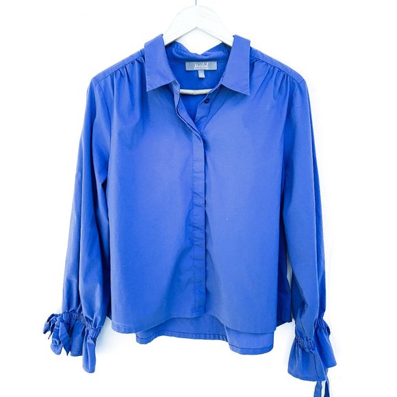 Marled Tops - Marled Blue Oxford Button Down Tie Sleeve Shirt